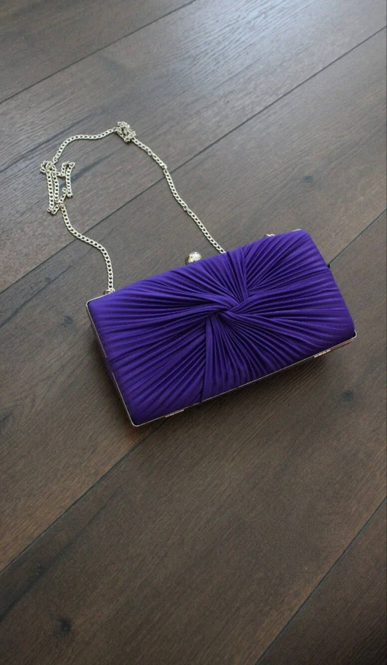 Akira Purple Satin‎ Knotted Evening Clutch with Chain